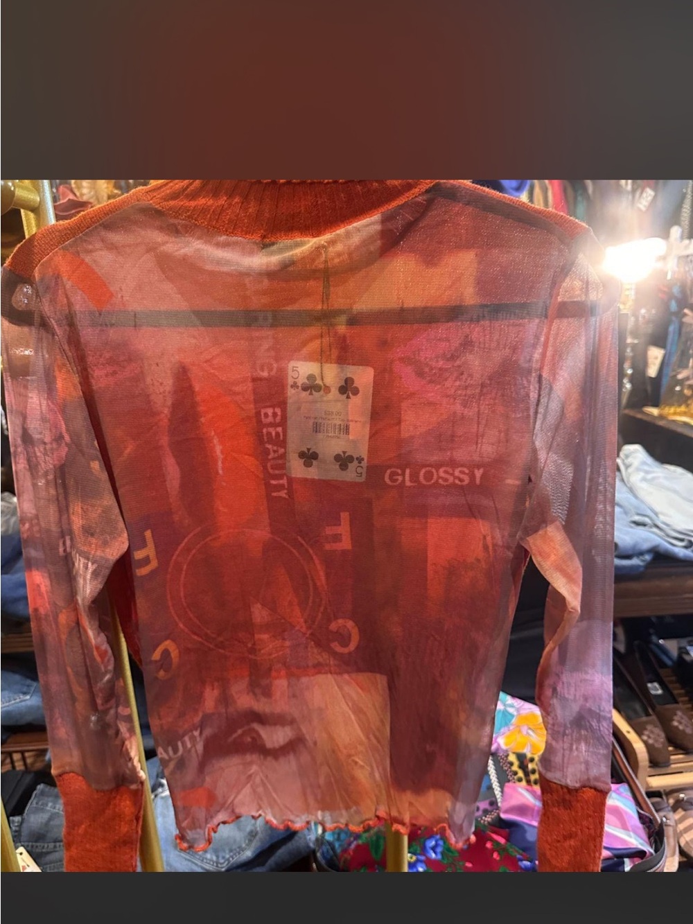 Sheer Red Graphic Long-Sleeve Blouse